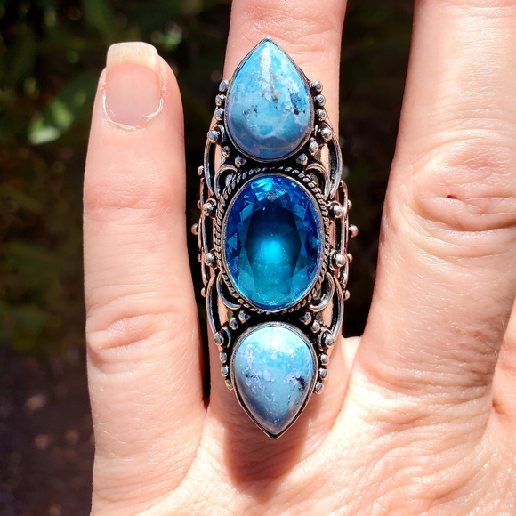 New Swiss Blue Topaz & Mosaic Jasper 925 Silver Statement Ring. - Picture 1 of 11